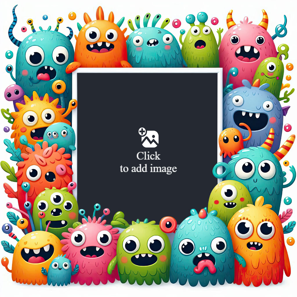 A white-bordered black frame surrounded by various colorful cartoon monsters