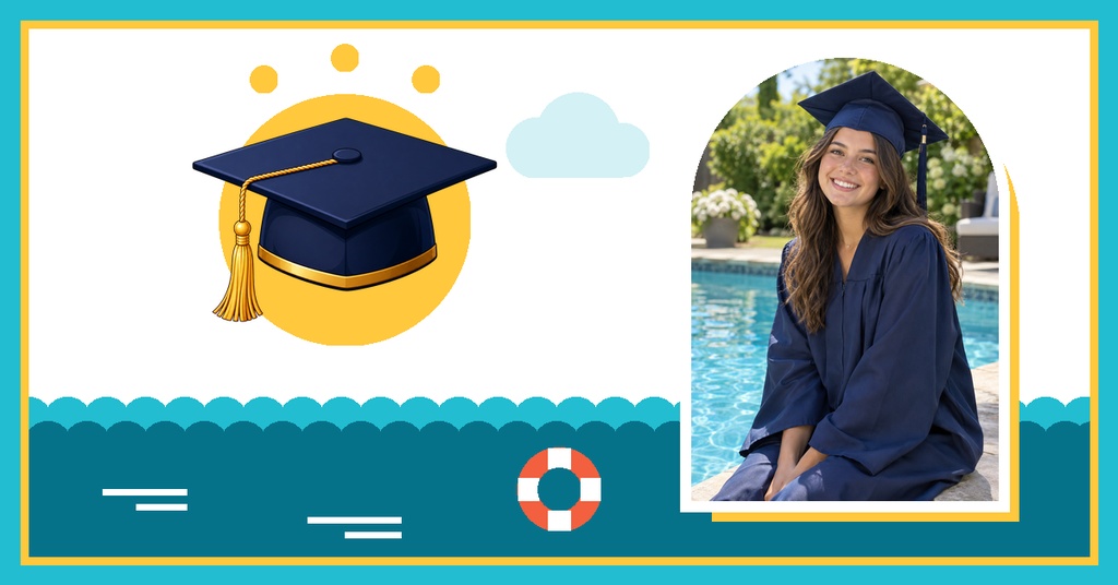 Graduation cap illustration beside a photo of a smiling graduate in a poolside cap and gown