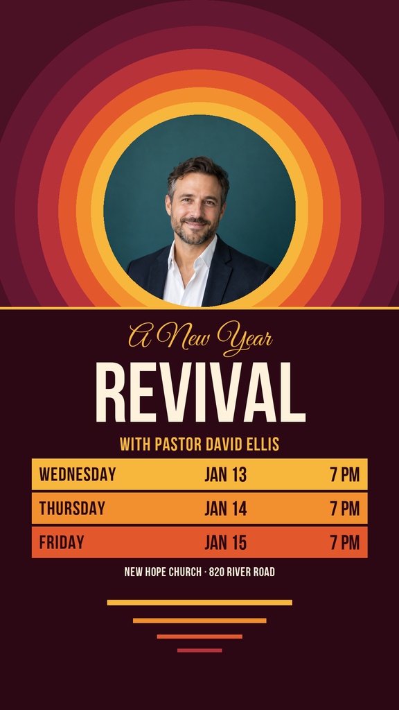 Portrait of a man framed by colorful circular rings in a church revival story design.