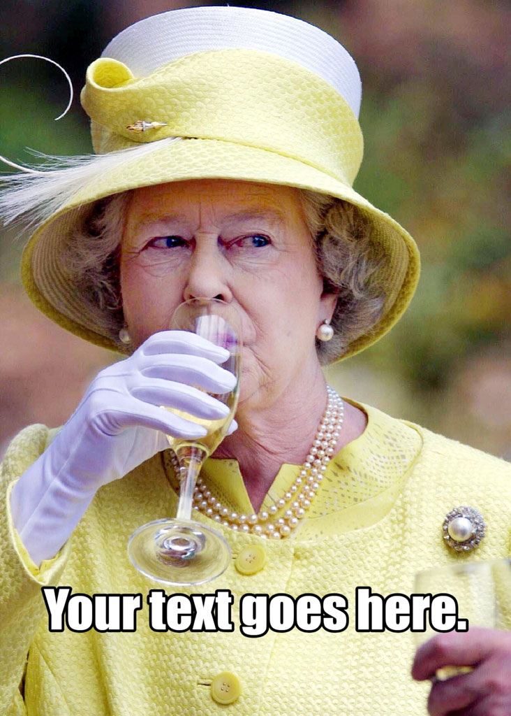 Queen Elizabeth II in a yellow hat and dress, drinking from a glass