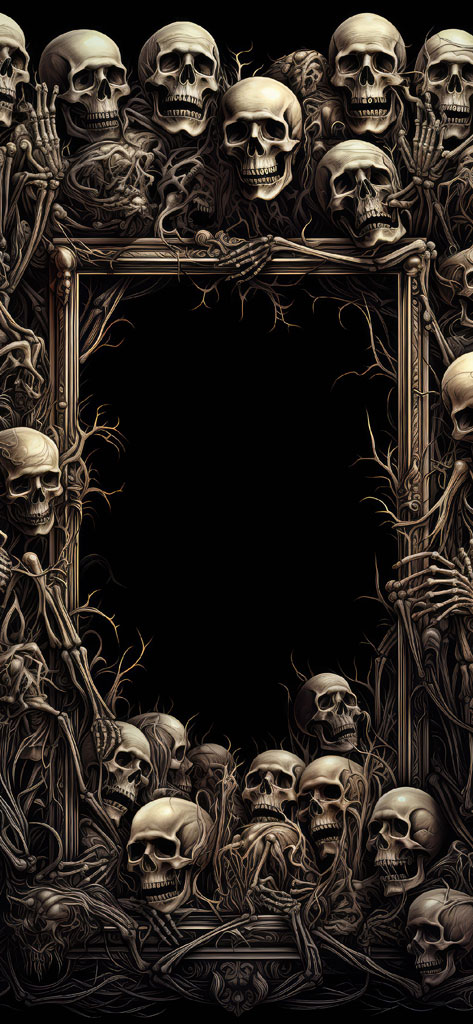 An ornate frame made of bones and skulls on a black background
