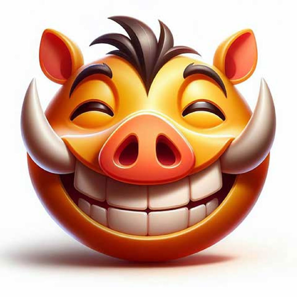 A cartoon warthog with a big smile and closed eyes