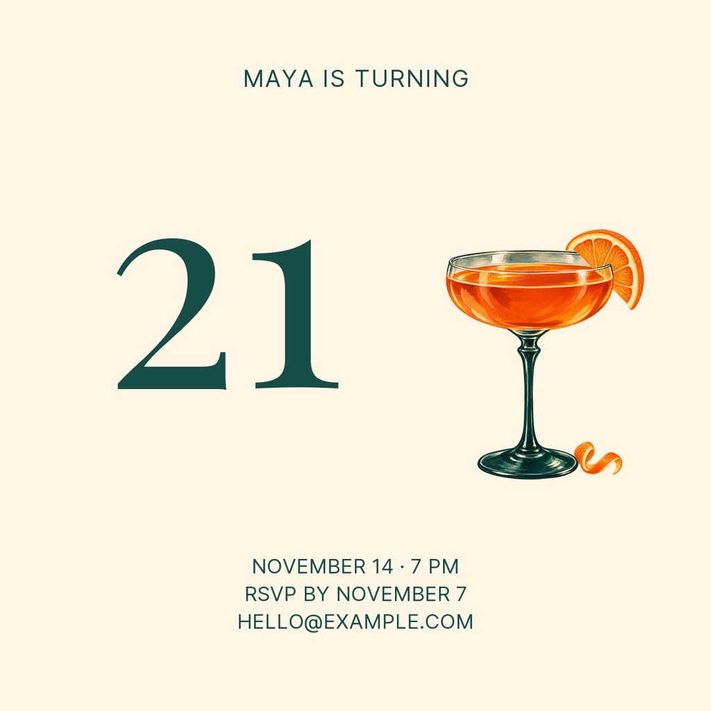 Minimalist square birthday post with a large 21 and a cocktail glass with orange slice.