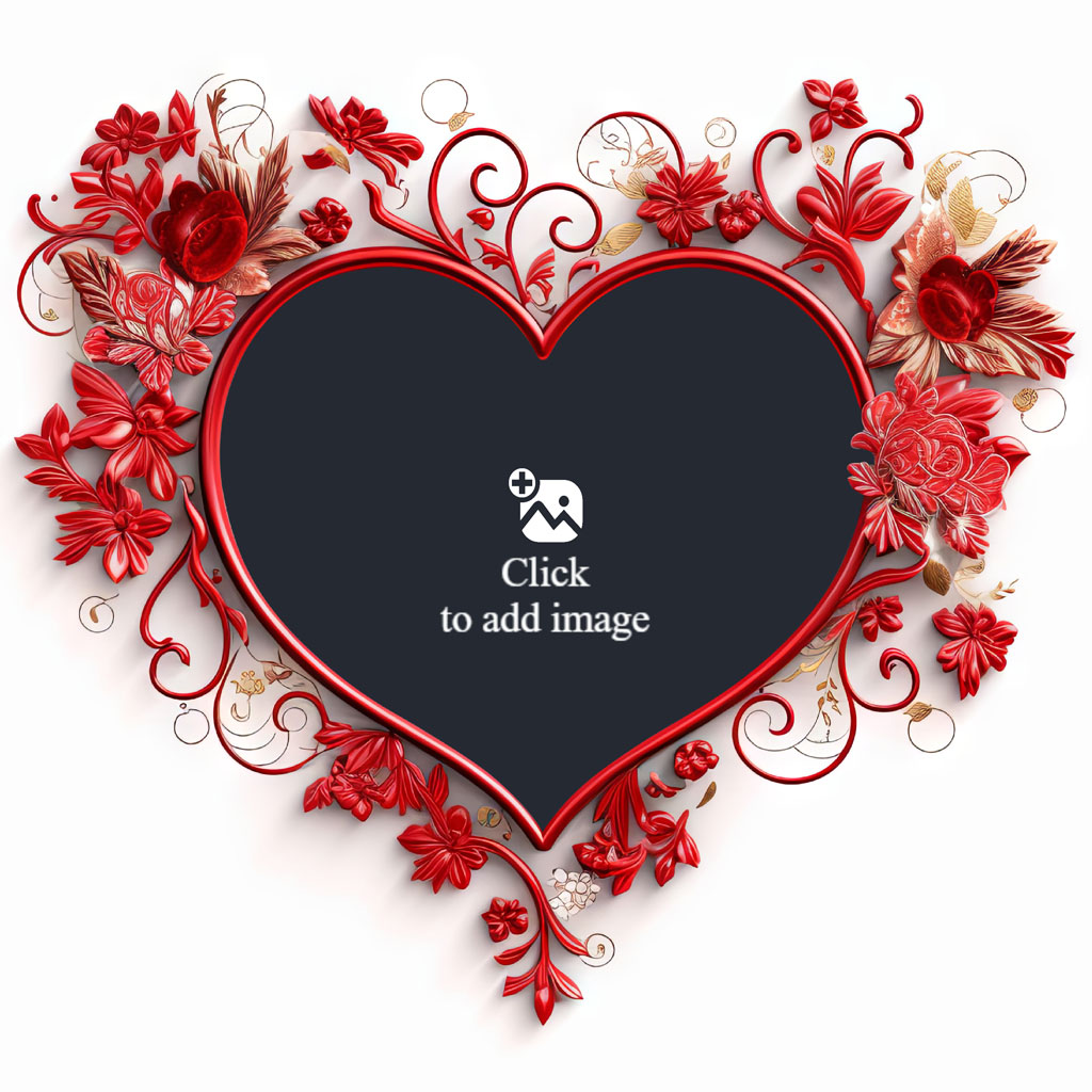 A black heart-shaped frame surrounded by red flowers and vines on a white background.