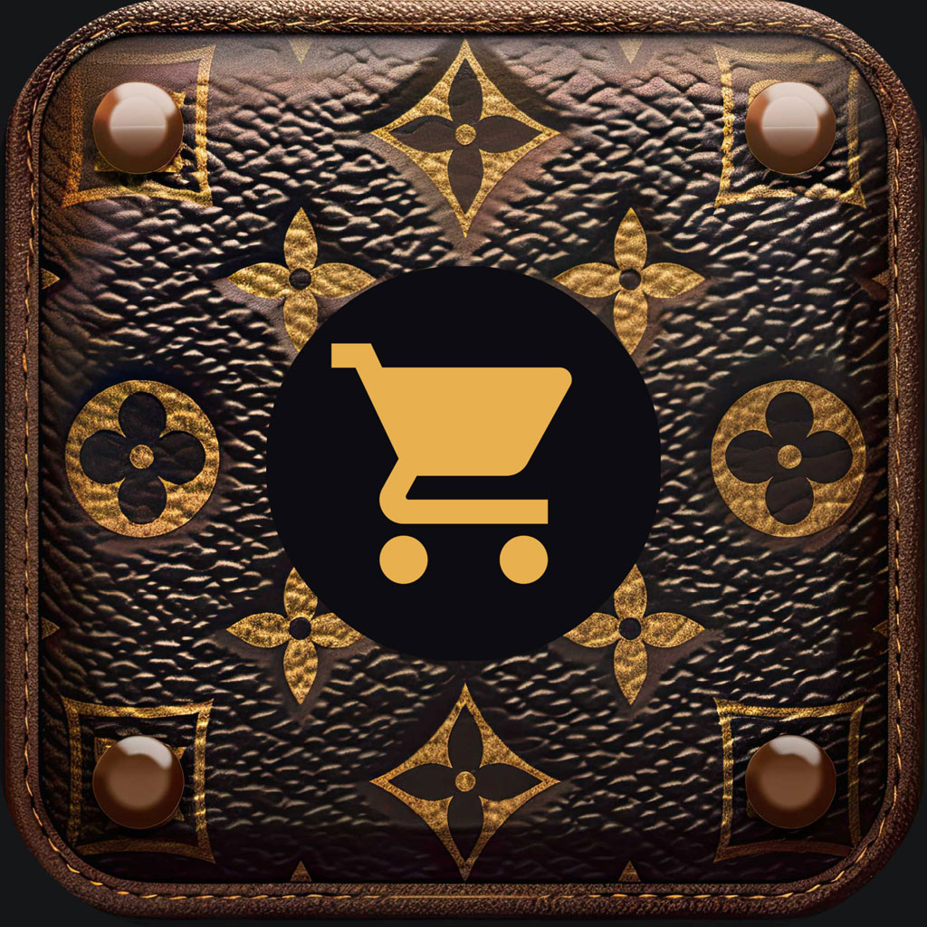 Gold shopping cart icon on a luxurious brown and gold patterned background
