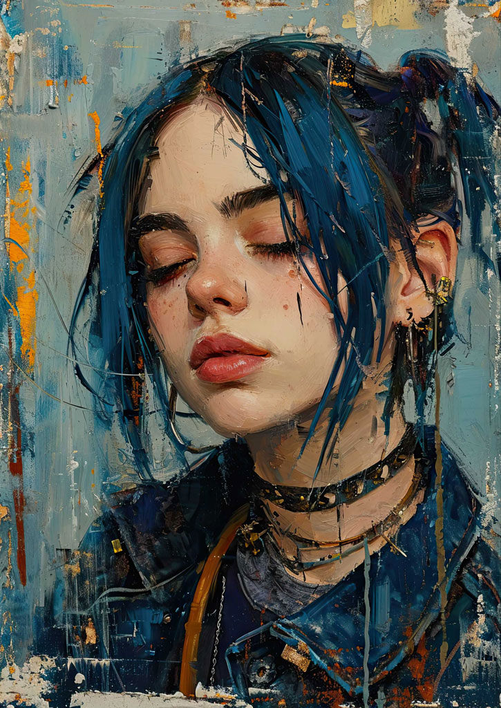 A painting of a young woman with blue hair and closed eyes, conveying a sense of emotion and intensity.