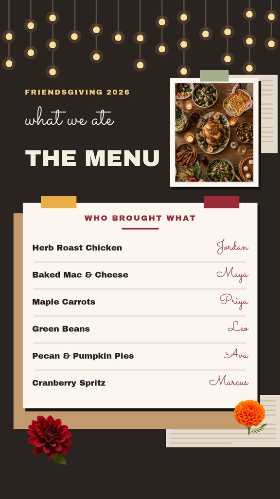 Friendsgiving menu story with a hanging light border, photo of a dinner table, and a cream menu card.