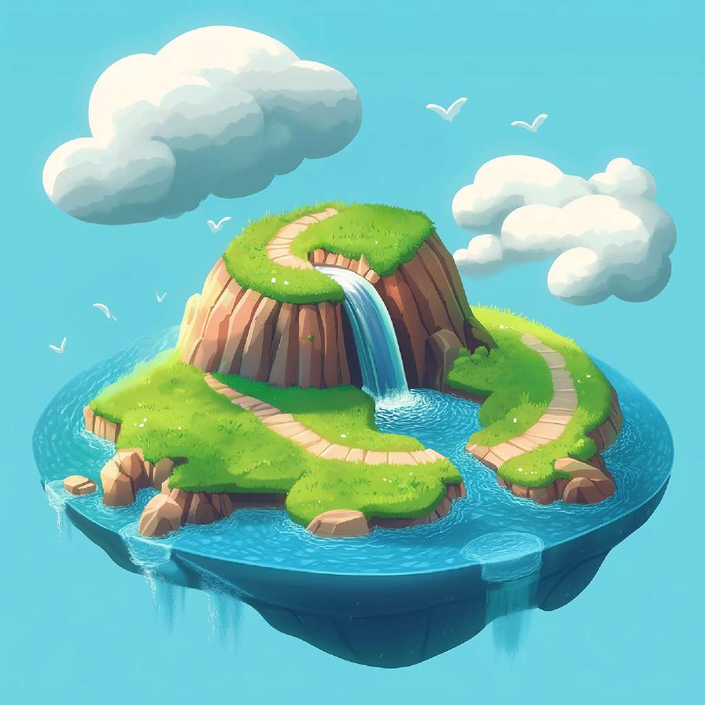 A cartoon-style floating island with a waterfall and pathway, surrounded by water and clouds.