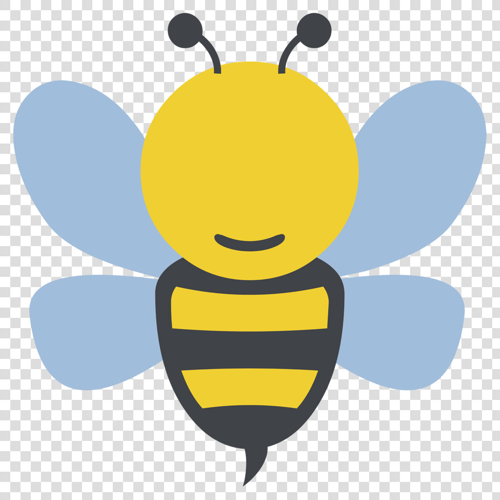 A cartoon bee with a yellow head, black and yellow body, and light blue wings.