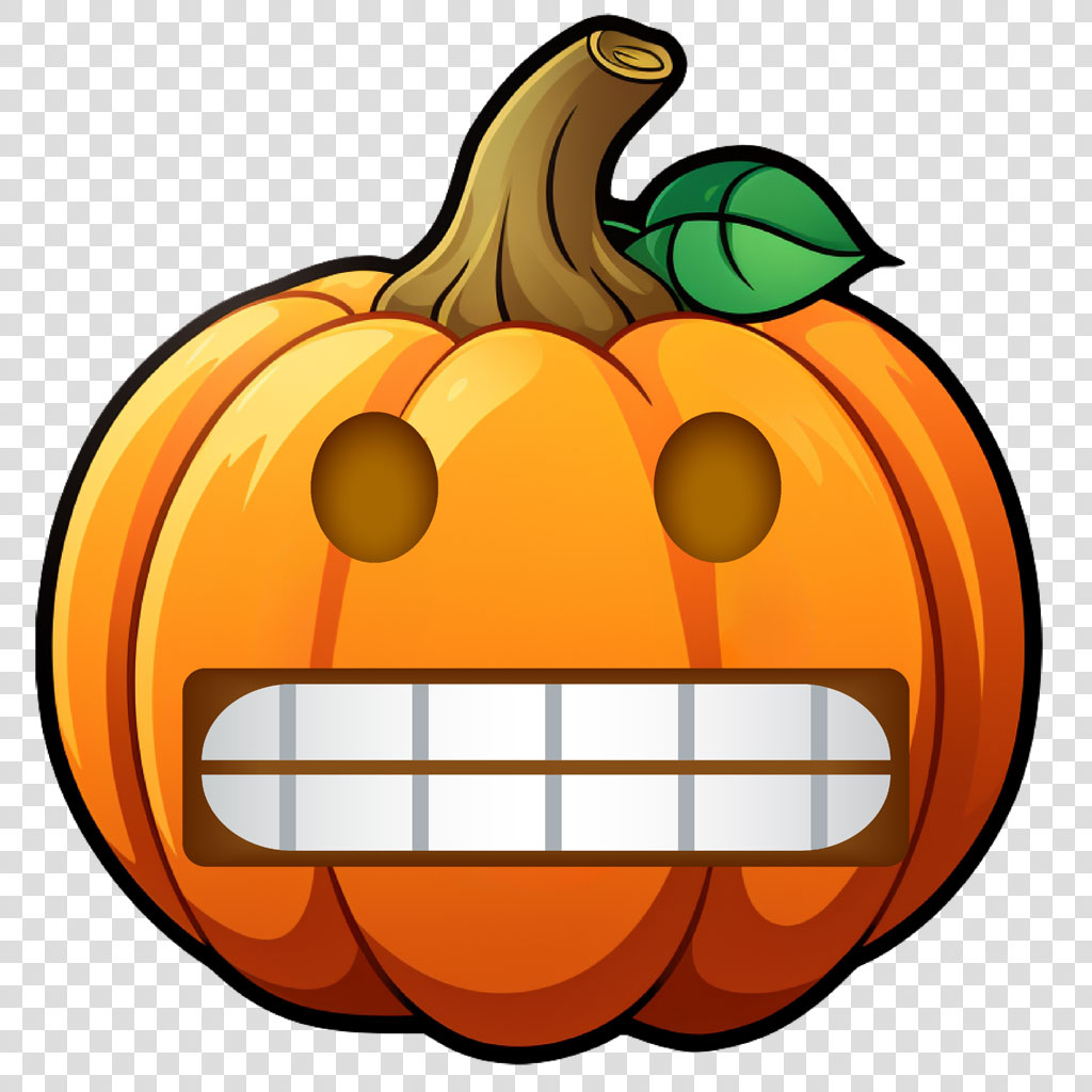 Cartoon pumpkin with a smiling face and green leaf on top