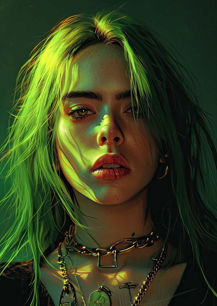 Digital portrait of Billie Eilish with green hair and layered necklaces