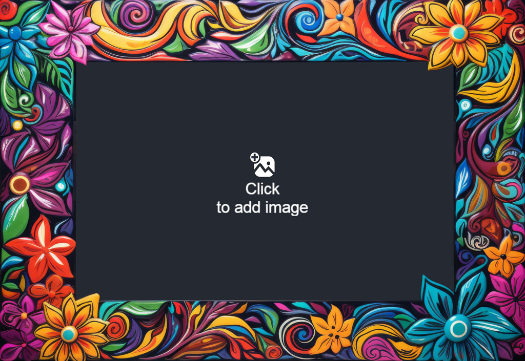 A black rectangle surrounded by a vibrant floral border