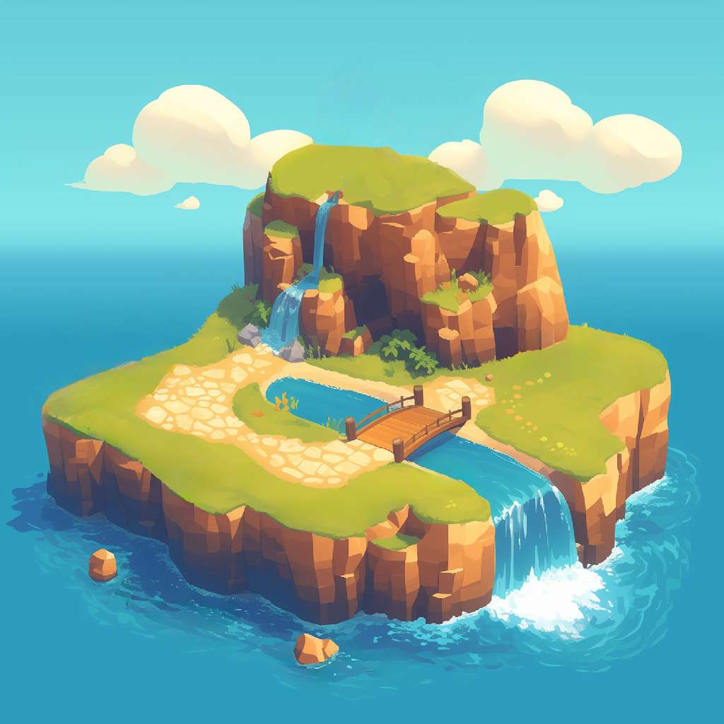 A cartoon island with a waterfall and a small pond