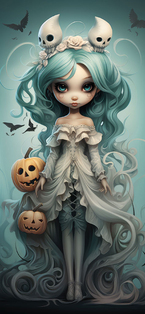 Digital illustration of a girl with blue hair and white dress holding pumpkins, surrounded by skulls and birds.