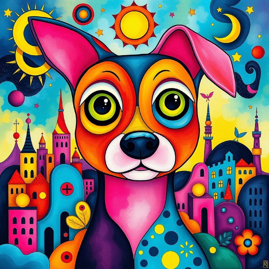 A surrealist painting of two abstract faces with a colorful cityscape and celestial bodies