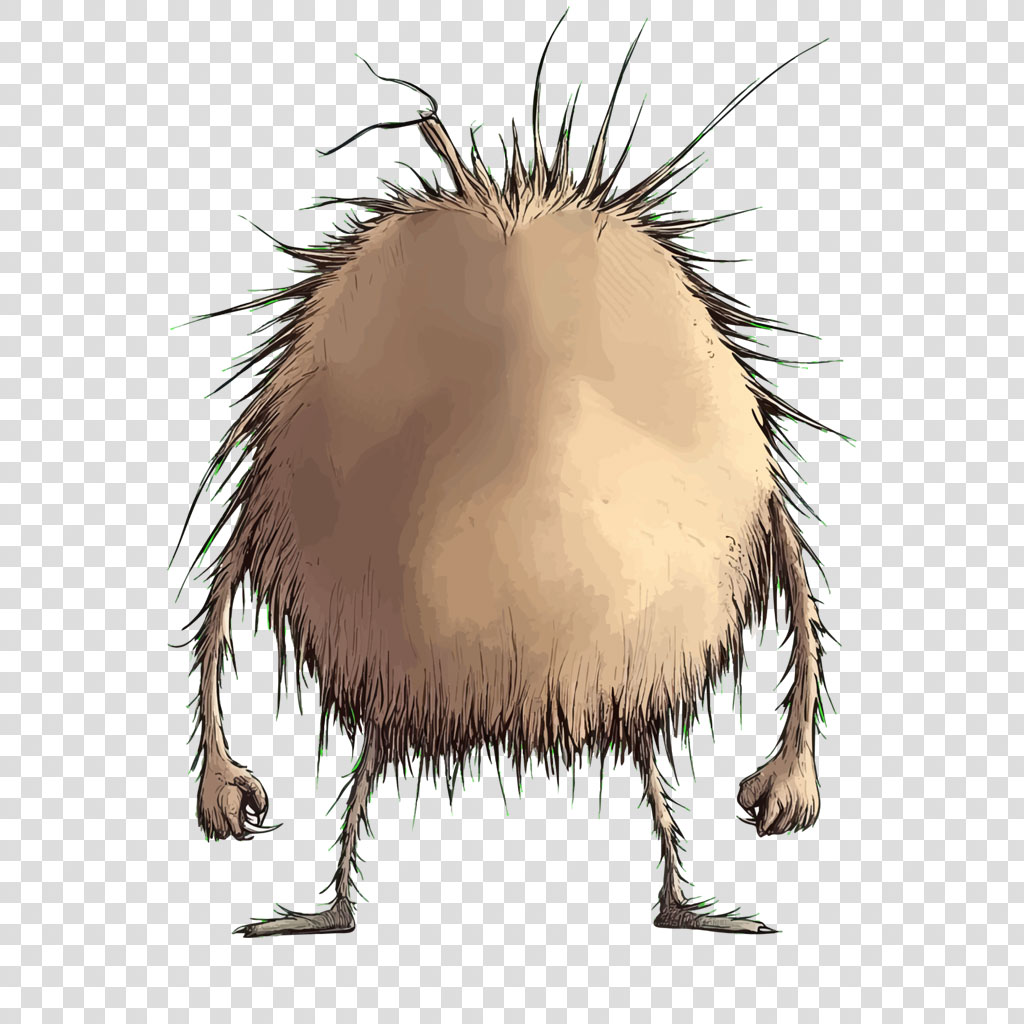 A furry creature with a round body and long hair on a white background.