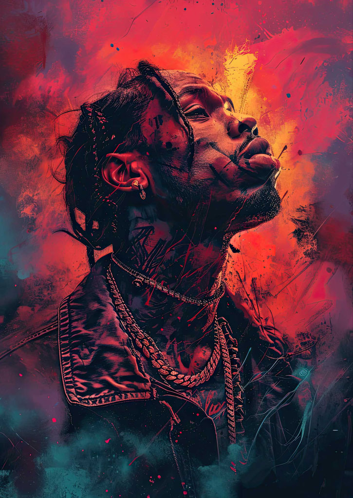 A man with tattoos and multiple chains around his neck, set against a vibrant red and orange background.