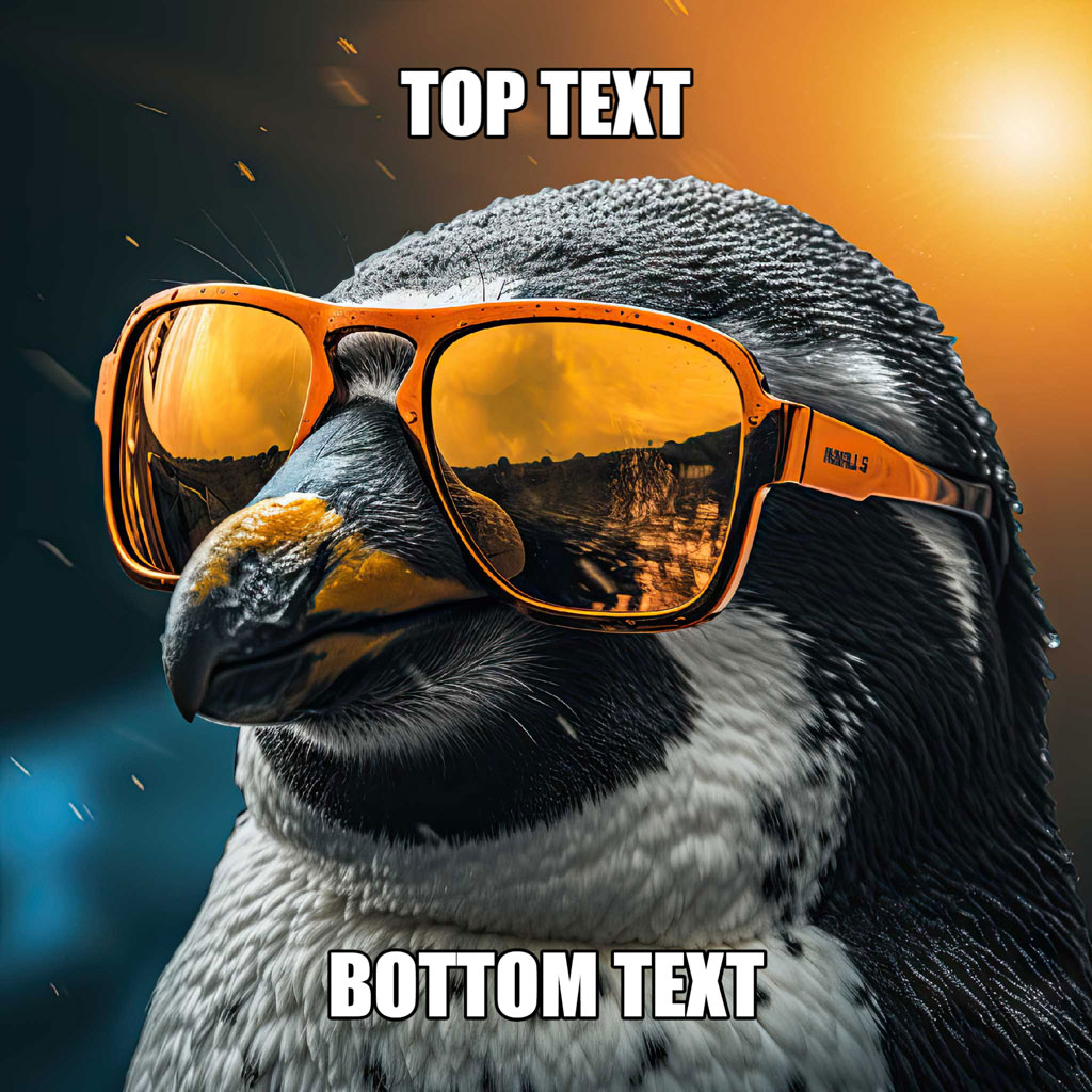 A penguin wearing orange sunglasses with a scenic landscape reflected in the lenses.