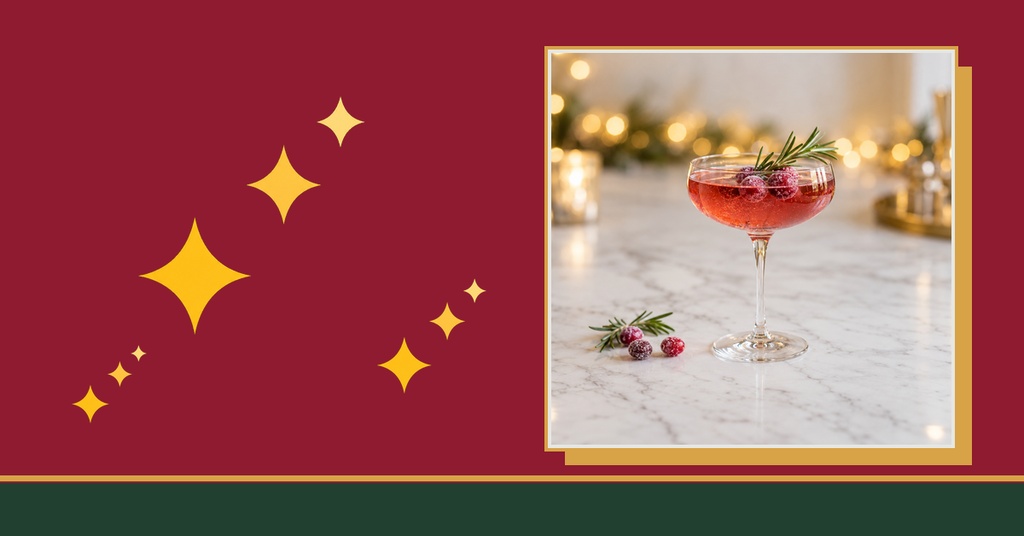 Burgundy event cover with gold stars and a cocktail glass on a marble table.