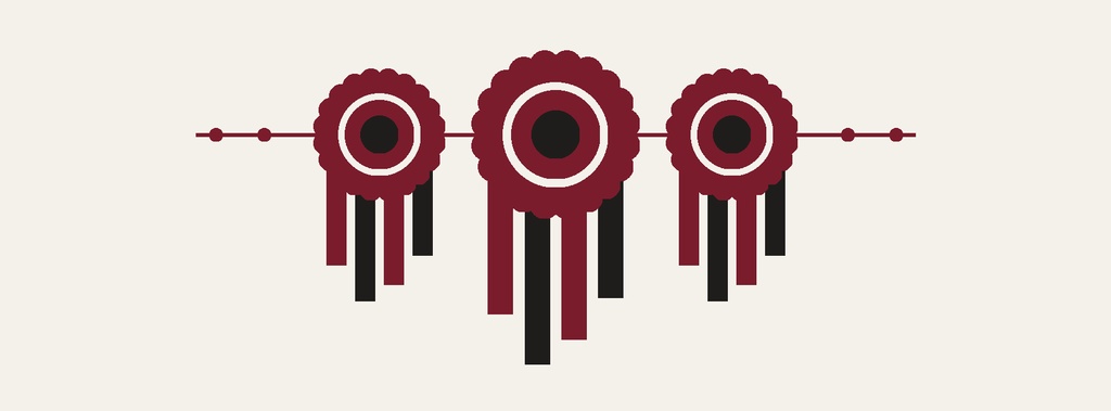 Three maroon award ribbons on a light background.