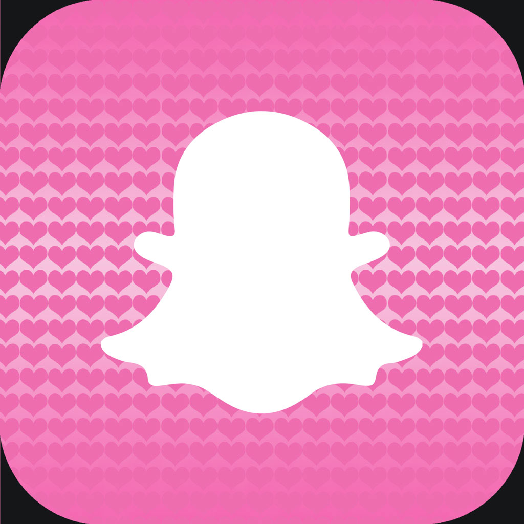 Snapchat logo on a pink background with a pattern of hearts.