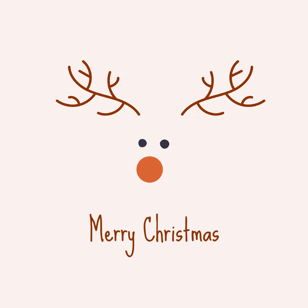 Minimalist reindeer face with antlers and red nose, Merry Christmas text