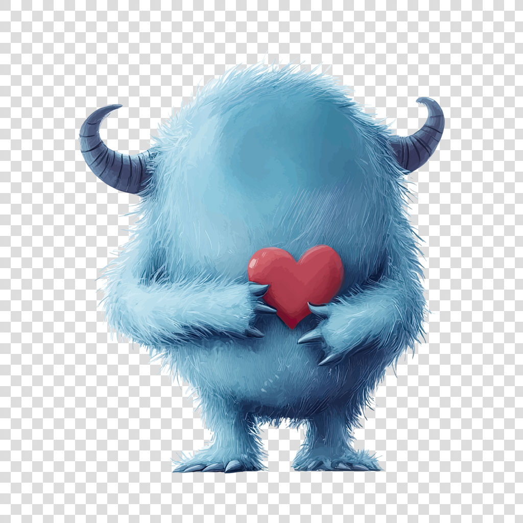 A blue furry monster with horns holding a red heart