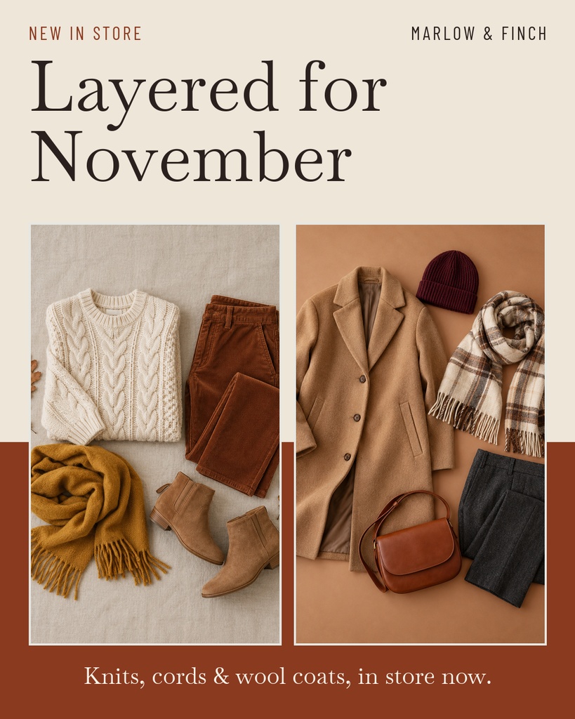 Fall fashion promo graphic with knitwear, coats, boots, scarf, hat, and handbag on a warm neutral background.