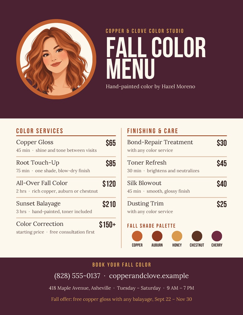 Portrait salon price list with a fall color menu, service prices, and a warm color palette.