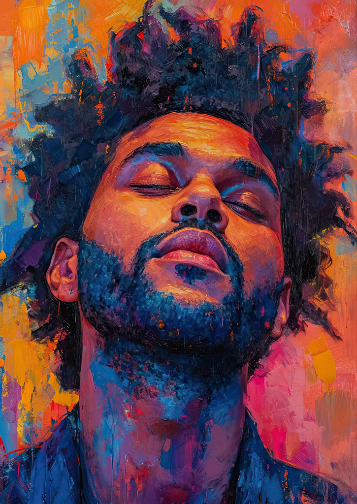 The Weeknd with eyes closed, colorful portrait