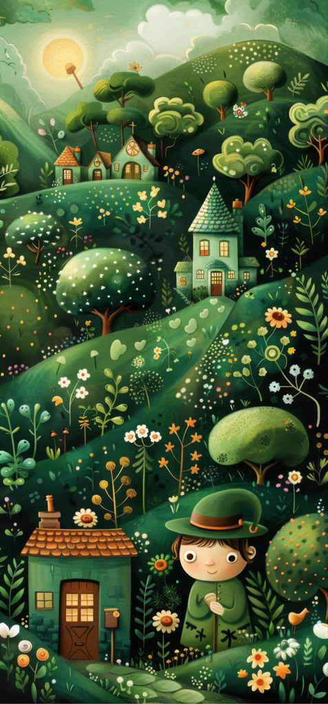 A child in a green outfit and hat tends to flowers in a fantastical garden with houses and trees.