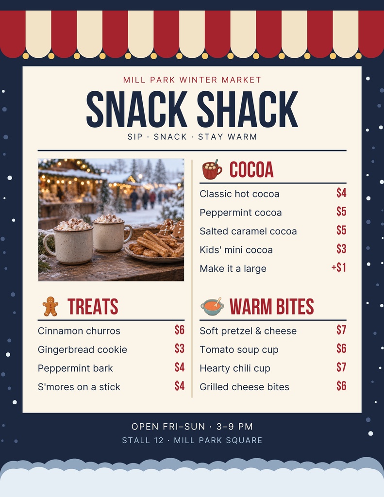 Preview for Winter Market Snack Shack Letter Menu / Price List Template