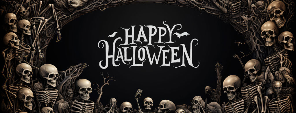 Halloween greeting surrounded by skeletons