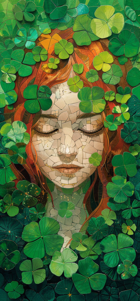 Mosaic portrait of a woman with red hair surrounded by green clover leaves