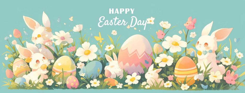 Easter bunnies and eggs amidst flowers