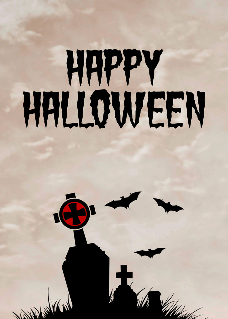 Happy Halloween image with tombstones and bats
