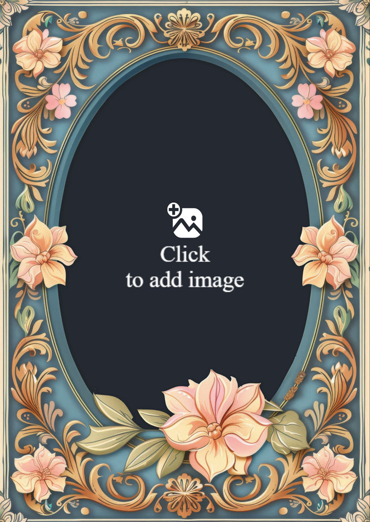 Ornate floral frame with a blue and gold border, adorned with pink flowers and green leaves.