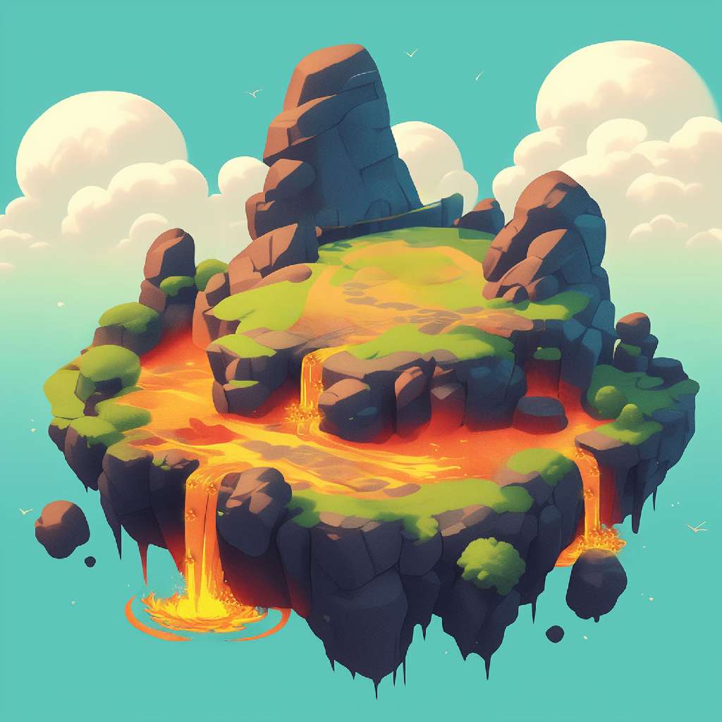 A digital artwork of a floating island with a lava waterfall cascading into the ocean below.