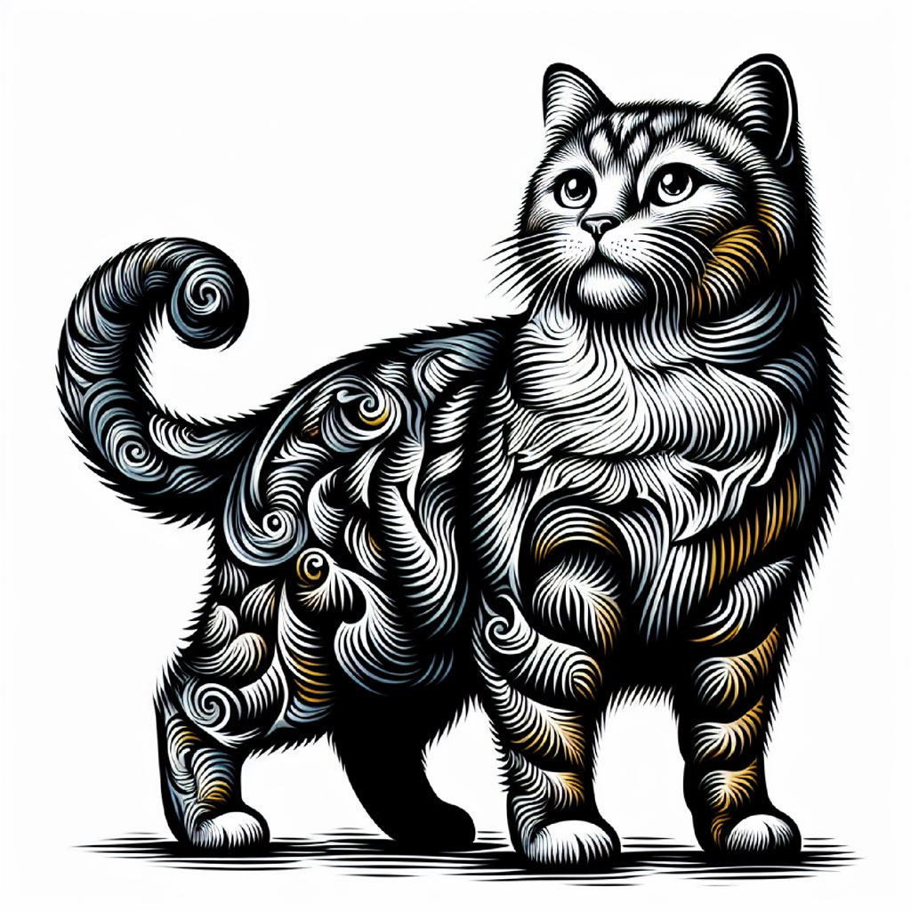 An orange cat with black and white patterns and designs, sitting with its tail curled.