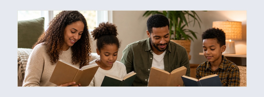Family reading books together on a wide banner image