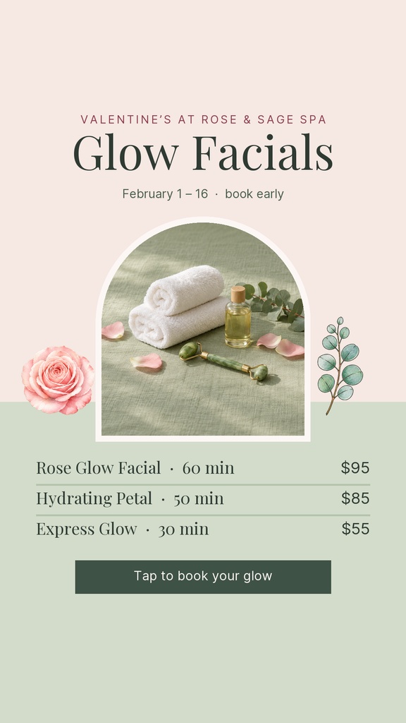Instagram story spa menu with Glow Facials pricing, towel image, floral accents, and soft pink and green design.