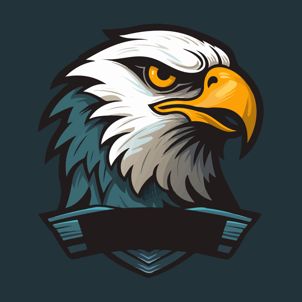 Eagle head logo with yellow beak and white, gray, and blue feathers