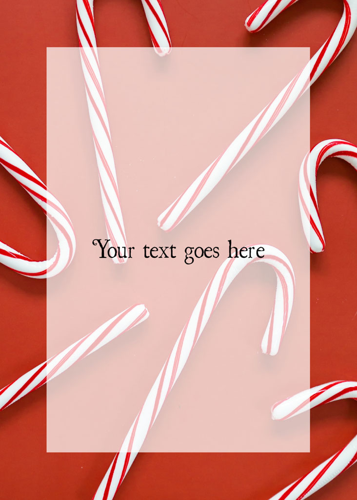 Candy canes on a red background with a text overlay