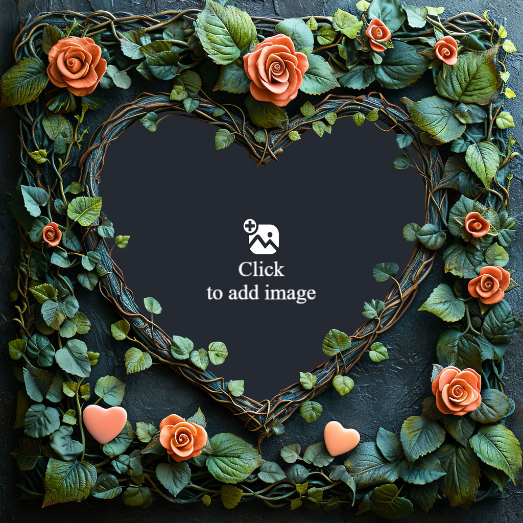 A heart-shaped frame made of vines and decorated with orange roses and green leaves.