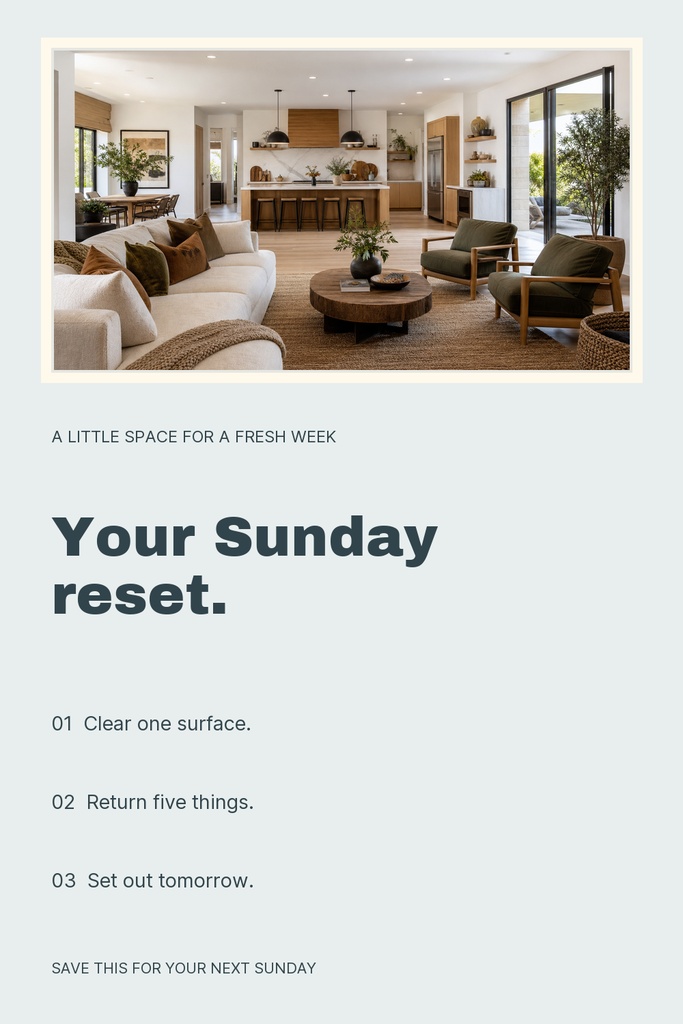Portrait Pinterest pin template with a cozy living room photo, bold Sunday reset text, and a three-step checklist.