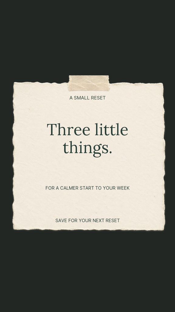 Minimal beige paper square taped on dark background with the words Three little things.