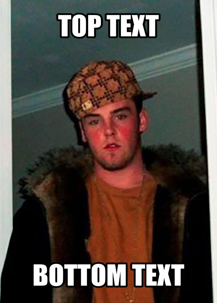 Young man wearing a plaid hat and a fur-lined jacket with 'TOP TEXT' and 'BOTTOM TEXT' overlaid on the image.