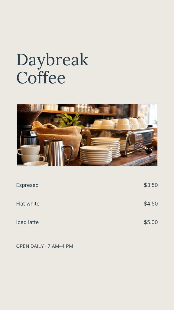 Minimal coffee shop story template with a coffee display, menu items, and drink prices.