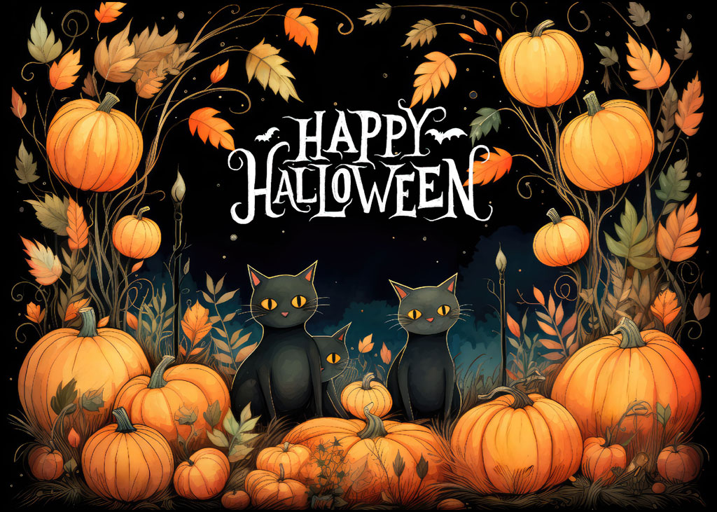 Halloween greeting with black cats and pumpkins