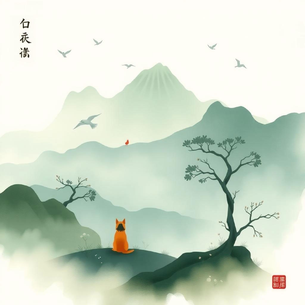 Illustration of a fox sitting on a hill, looking at a mountain range with birds flying overhead